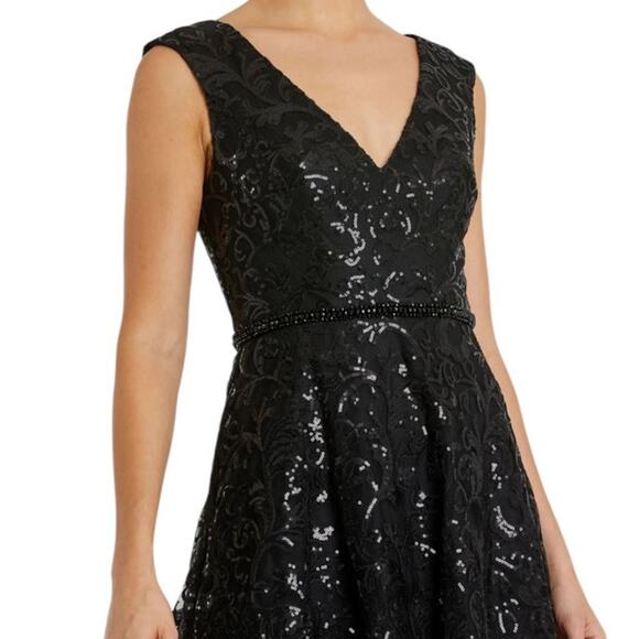 Mac Duggal NEW Size 12 Black Sequined V Neck Cap Sleeve Midi Dress Style A68012 - Picture 4 of 11